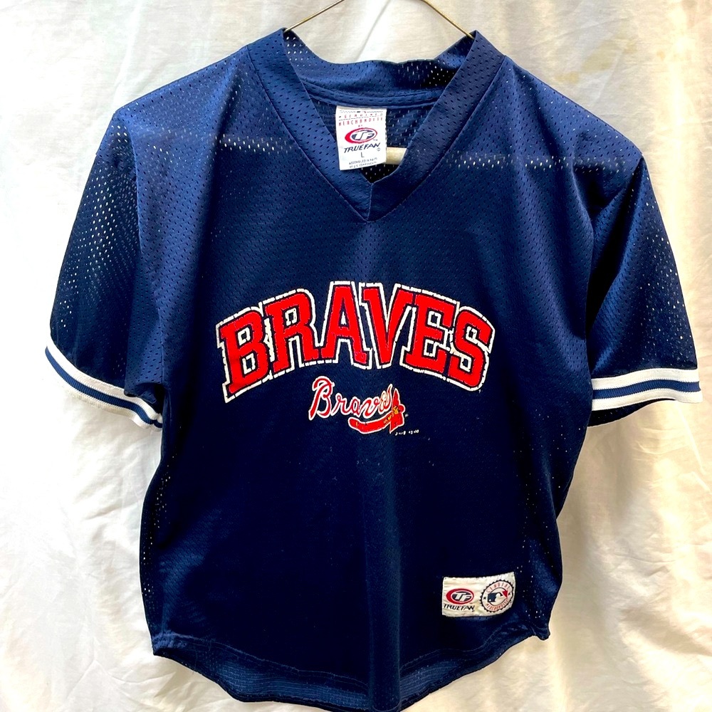 True fan Atlanta Braves Kids Navy Blue Jersey boys sz L